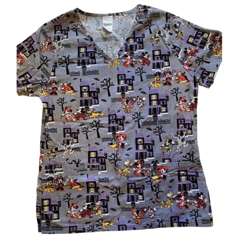 Disney Halloween Mickey Mouse Scrub Top Womens Size Small Gray Short Sleeve